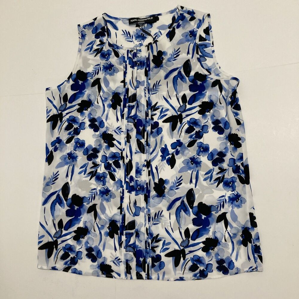 Karl Lagerfeld Paris Blue Floral Sleeveless Ruffle Blouse Large NWT